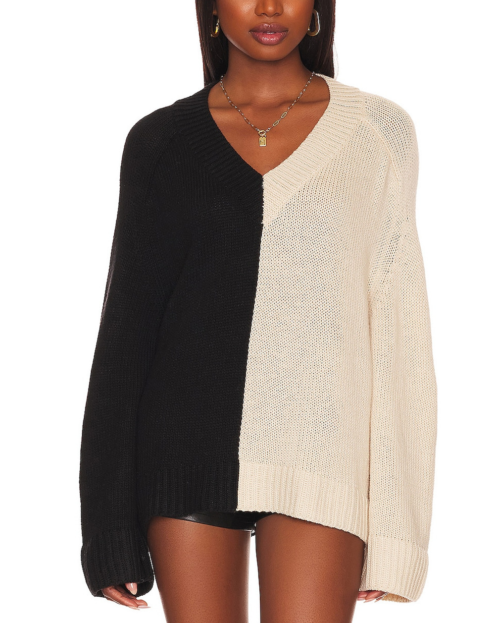 Lovers And Friends Colorblock Black And Ivory Earlene V Neck Sweater Size M